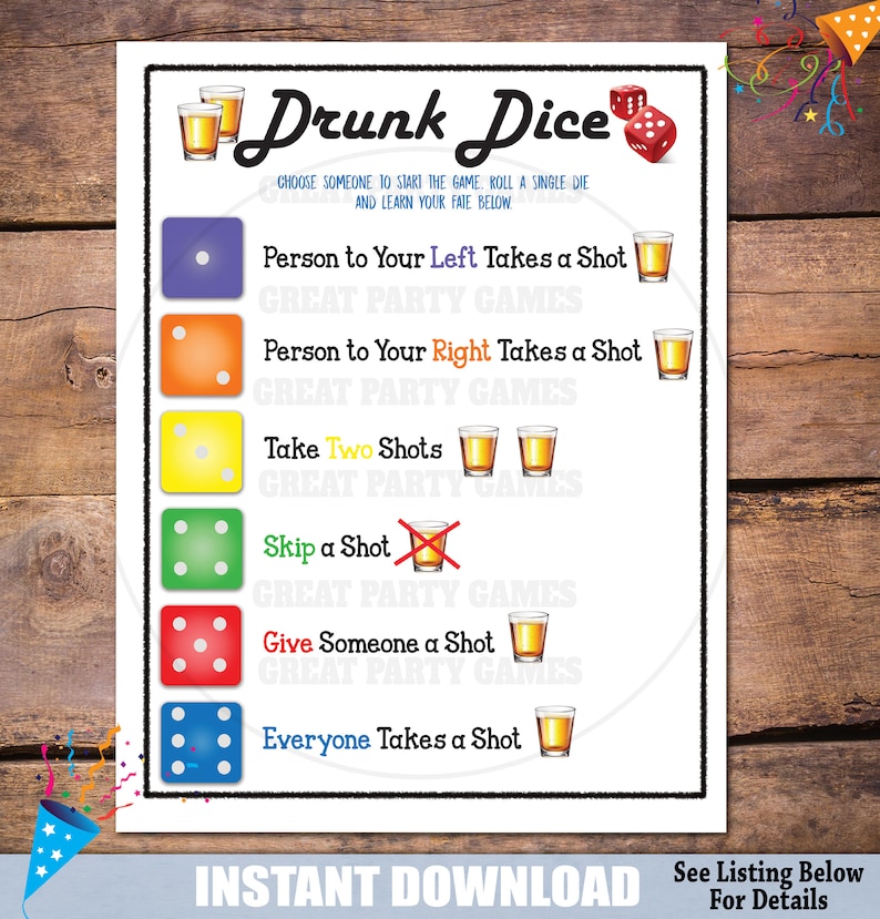 drunk dice party game printable party game birthday party etsy