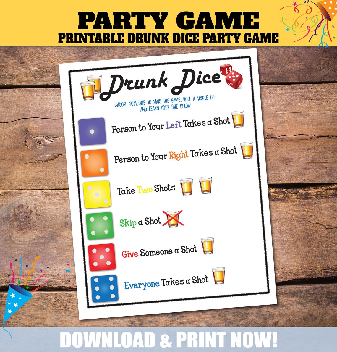 Drunk Dice Party Game Printable Party Game Birthday Party Etsy