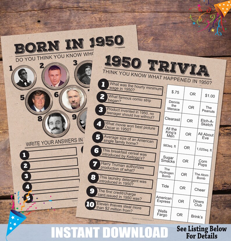 70th birthday party games 1950 party trivia games born in etsy
