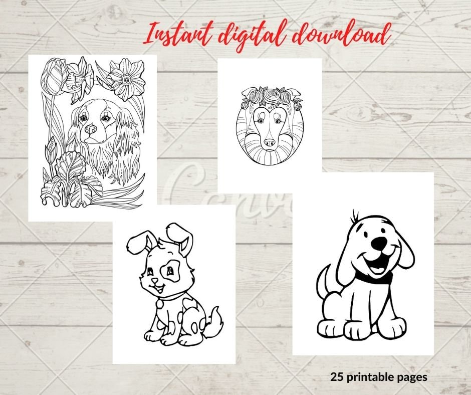 doggy coloring pages dog pdf 25 pages printable coloring for etsy