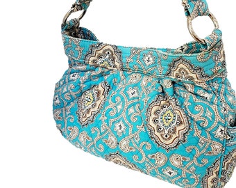 Vintage Vera Bradley Blue and Beige Floral Pattern Quilted Shoulder Bag
