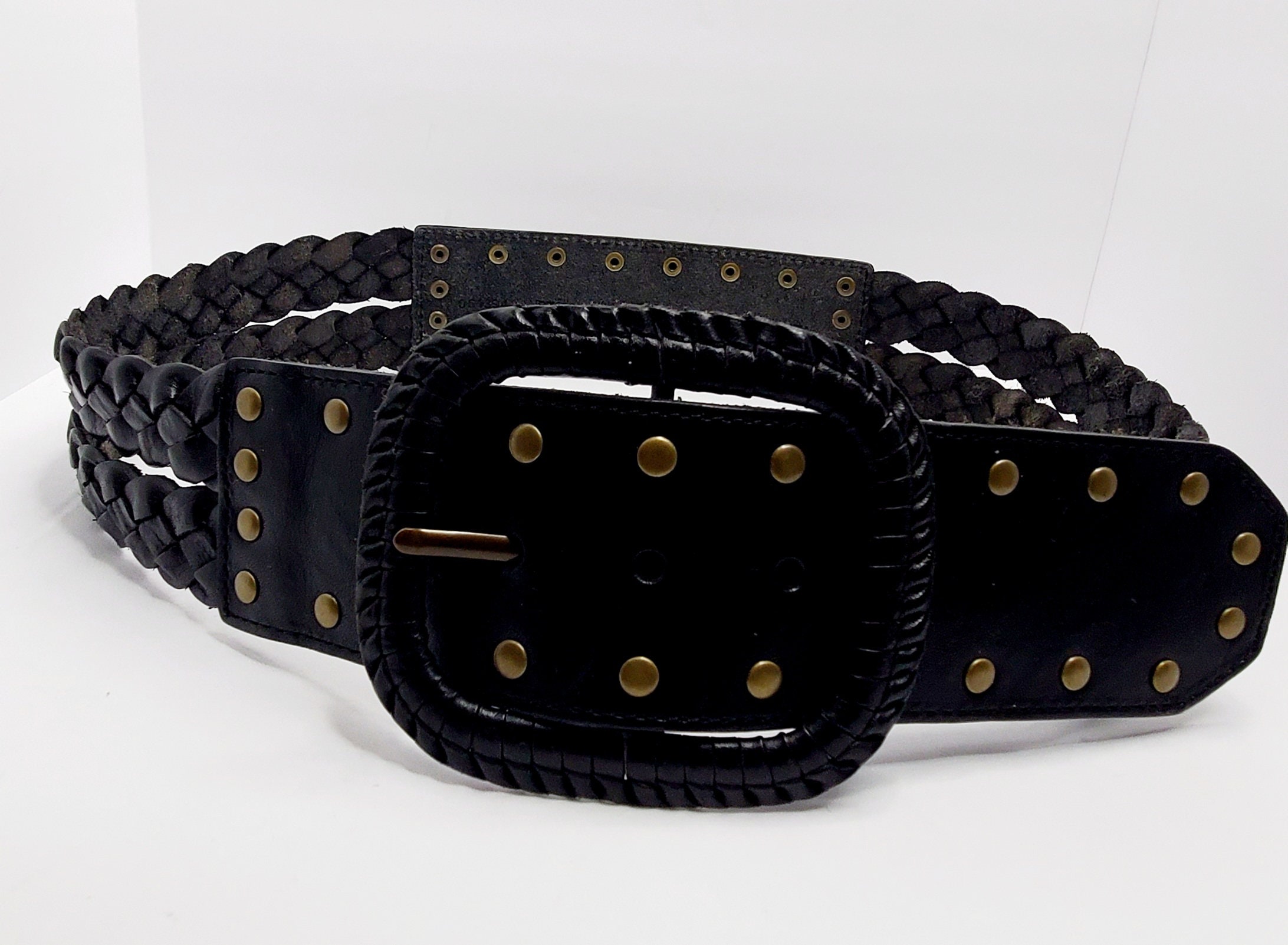Vintage FOSSIL Brand Black Leather Braided Belt with Brasstone | Etsy