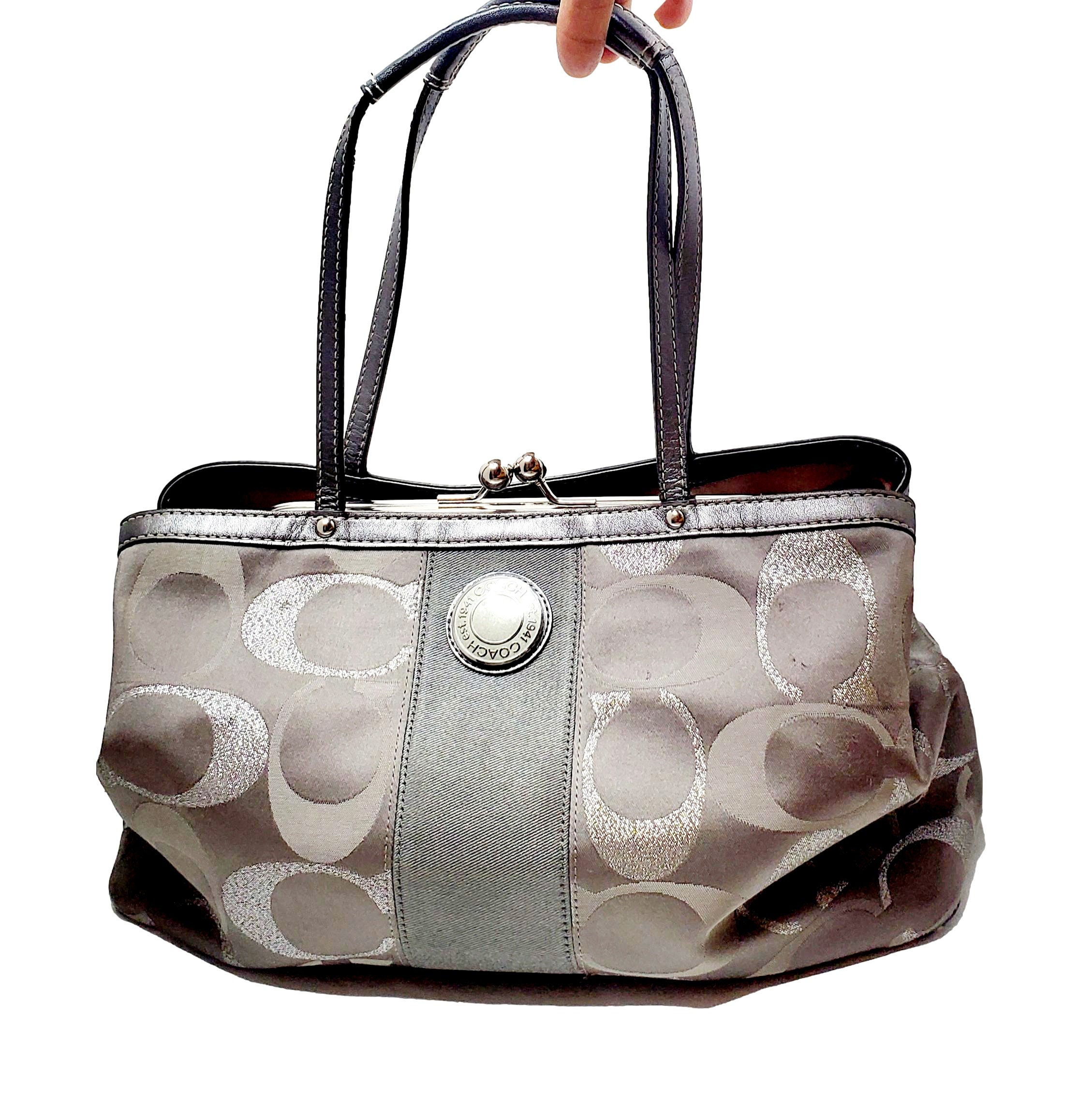 Coach Gray Pewter Signature C Handbag Purse Bag with Silver Hardware Removable Shoulder Strap Double Top Strap Vintage