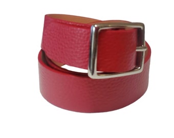 Vintage Red Leather Belt With Silvertone Buckle