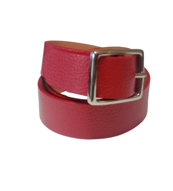 Vintage Red Leather Belt With Silvertone Buckle - image 1
