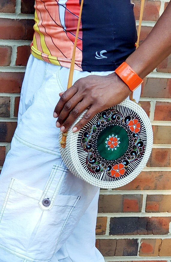 White Circular Straw Shoulder Bag Floral Painted D