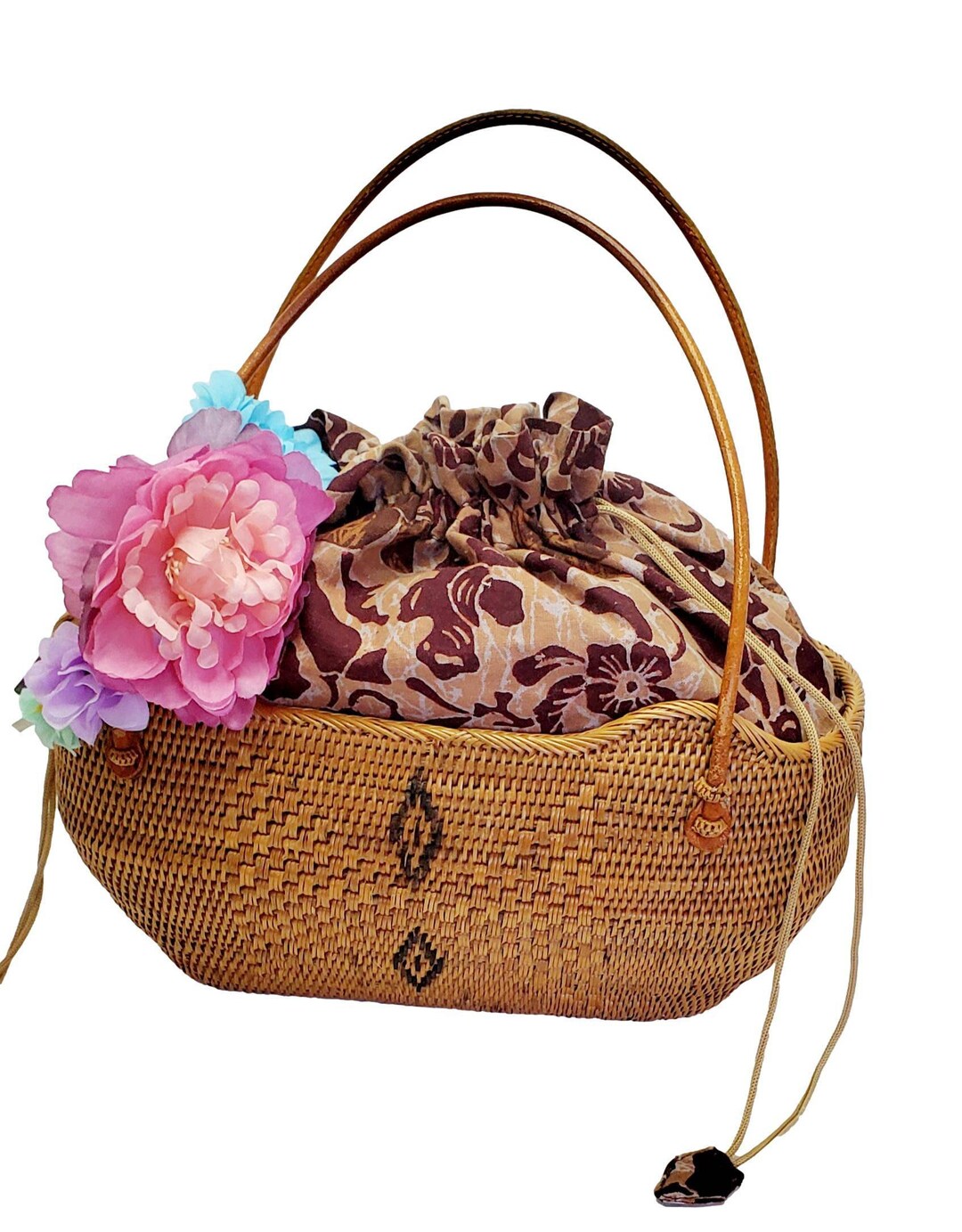 Vintage Brown Wicker Top Handle Basket Bag With Leather Etsy