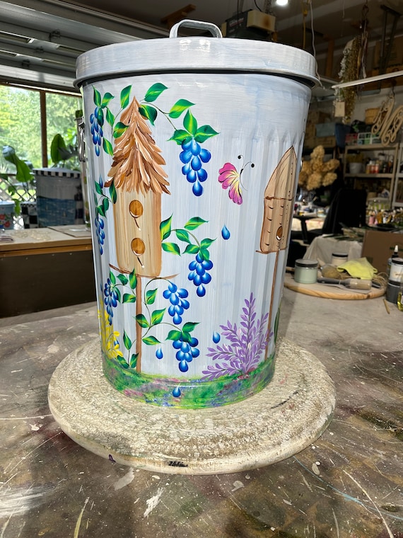 Blue Floral Hand painted Metal Bin / Planter Blue Floral Hand painted Metal Bin / Planter