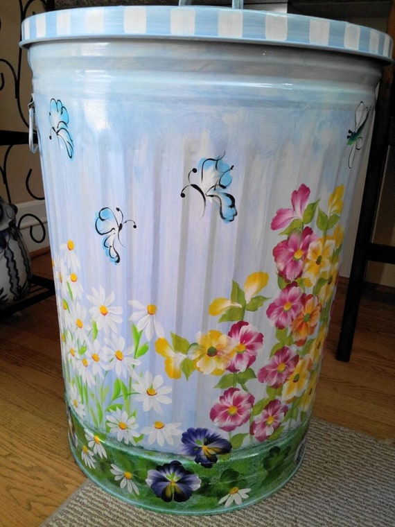 Hand Painted Trash/garbage Can 30 Gallon Flower Garden, Welcome Sign,  Butterflies, Hollyhock Floral Lid 