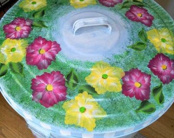 Hand Painted Trash/garbage Can 30 Gallon Flower Garden, Welcome Sign,  Butterflies, Hollyhock Floral Lid 