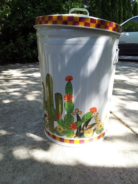 Hand Painted Trash/garbage Can 30 Gallon Bright White W/cactus, Yellow,  White, Orange Flowers 