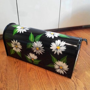 Hand Painted Mailbox - Black W/White Daisies And Greenery