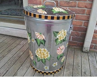 Hand Painted Trash/garbage Can 20 Gallon Light Foilage Wash, Large