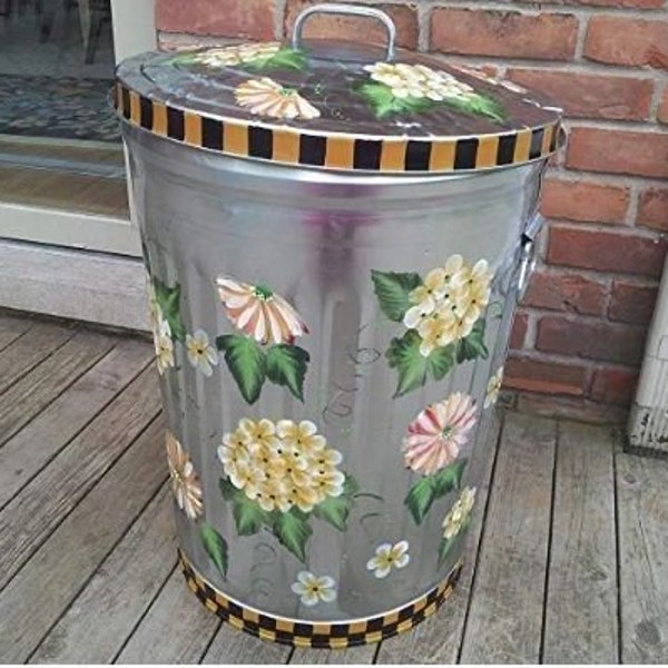 Hand Painted Trash/Garbage Can - 20 Gallon Galvanized Floral