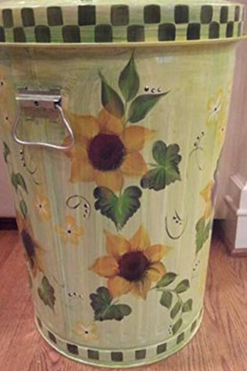 Hand Painted Trash/Garbage Can - 20 Gallon Pale Green Sunflower Vine