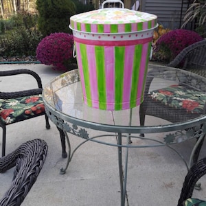 Hand painted Trash/Garbage Can - 10 Gallon Pink And Green Stripe, Checks Polka Dots