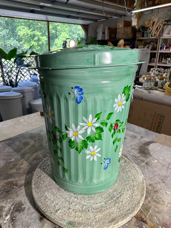 Blue Floral Hand painted Metal Bin / Planter Blue Floral Hand painted Metal Bin / Planter
