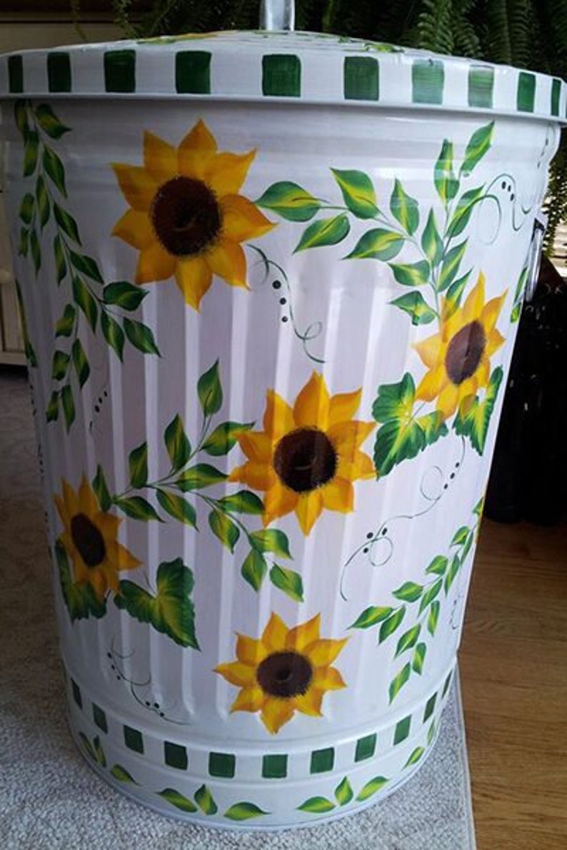 Hand Painted Trash/garbage Can 30 Gallon Bright White With Sunflowers