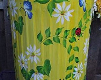 Hand Painted Trash/Garbage Can - 20 Gallon Bright Yellow -Daisy, Greenery, Butterflies And Ladybugs