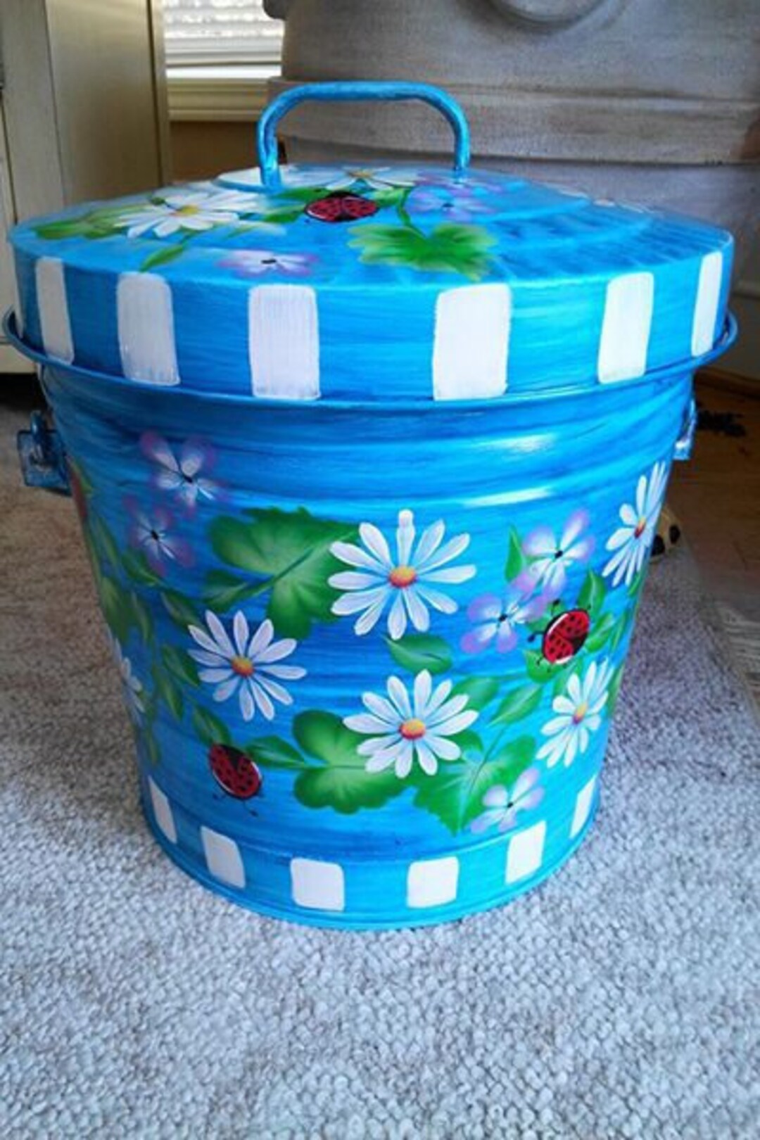 Hand Painted Trash/garbage Can 6 Gallon Bright Blue/lavender Wash