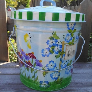 Hand Painted Trash/Garbage Can - 6 Gallon Garden, Colorful Butterflies, Birdhouses, Welcome Sign, Green Checked Lid Rim