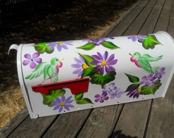 Hand Painted Mailbox - Bright White W/Purple Floral, Hummingbirds, Greenery