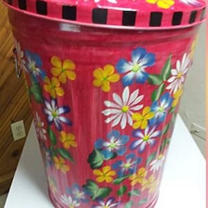 Hand Painted Trash/Garbage Can - 20 Gallon Red Wash, Multi Color Floral Bouquet
