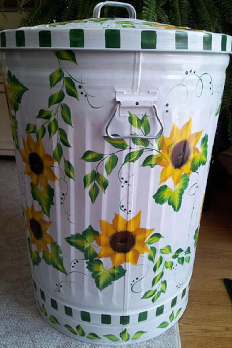 Hand Painted Trash/garbage Can 30 Gallon Bright White With Sunflowers