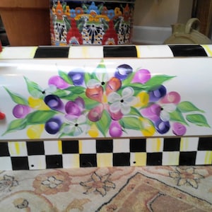 Hand Painted Mailbox - White With Black & Cream Checked, Gold/Yellow Dragging, Bouquet, Greenery