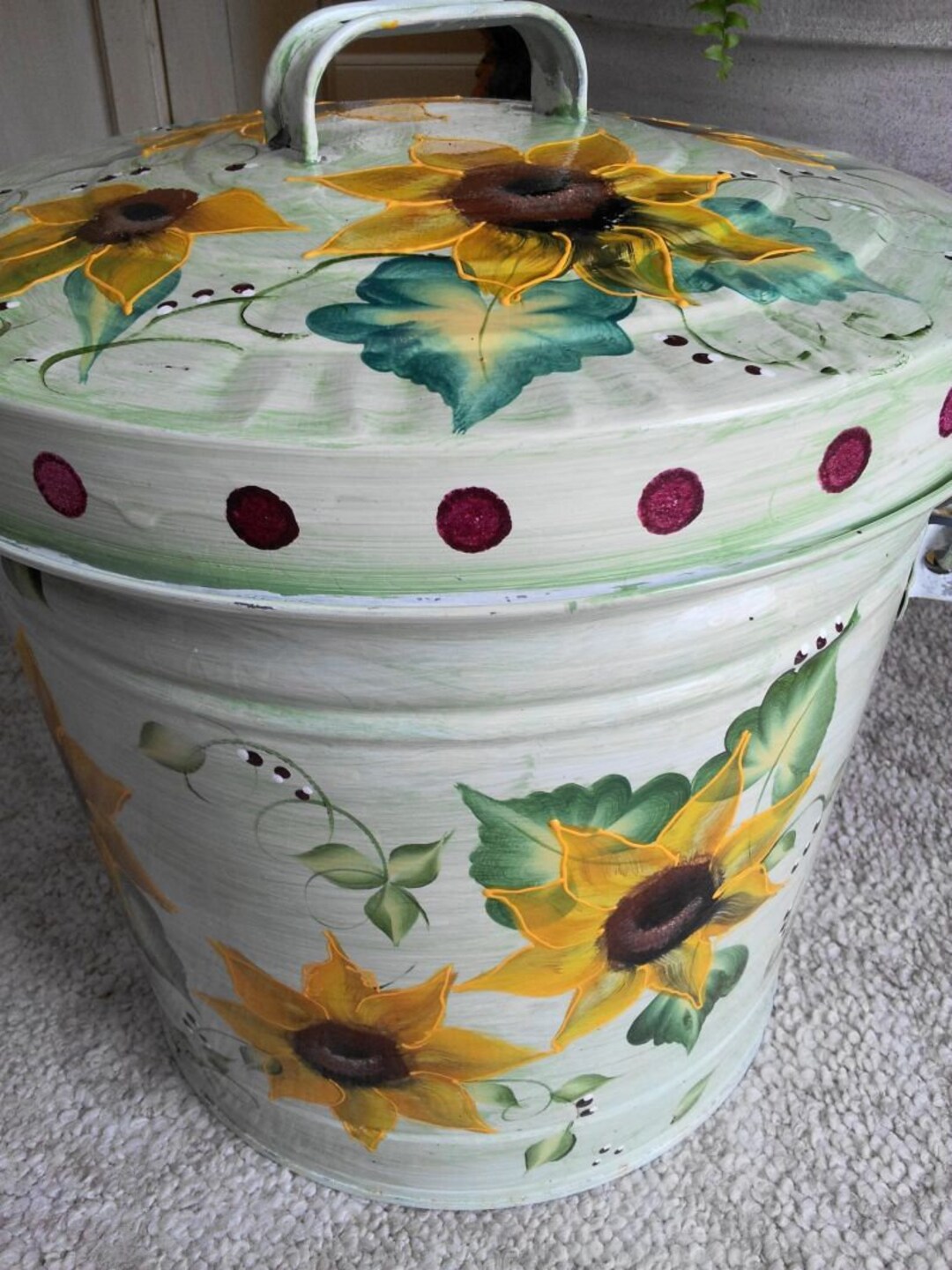 Hand Painted Trash/garbage Can 6 Gallon Light Green Wash, Sunflowers W
