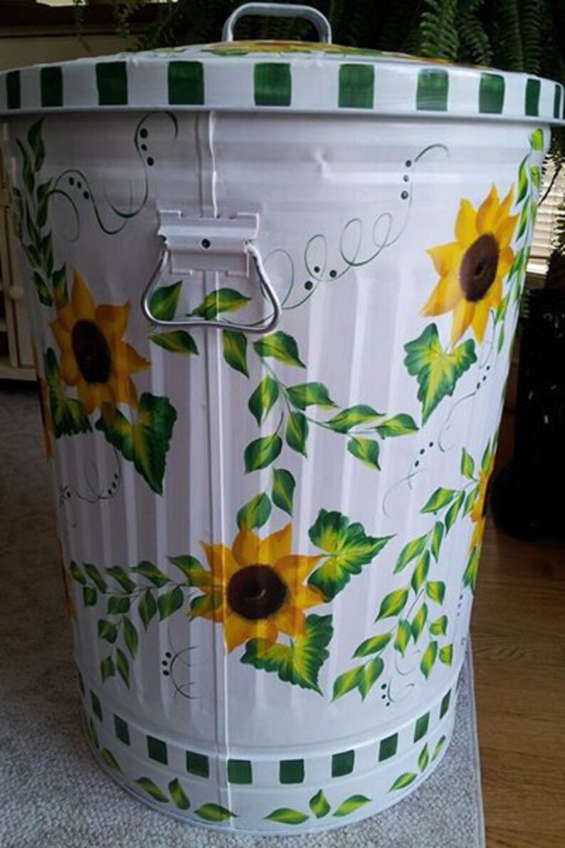 Hand Painted Trash/garbage Can 30 Gallon Bright White With Sunflowers