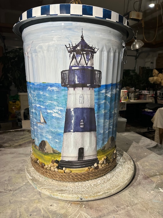 Hand Painted Trash Can Nautical 30 Gallon 