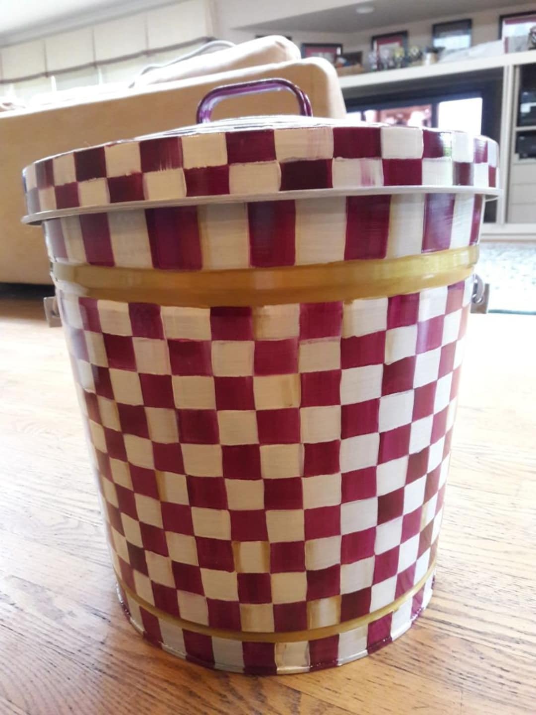 Hand Painted Trash/garbage Can 6 Gallon Burgundy/cream Checking W