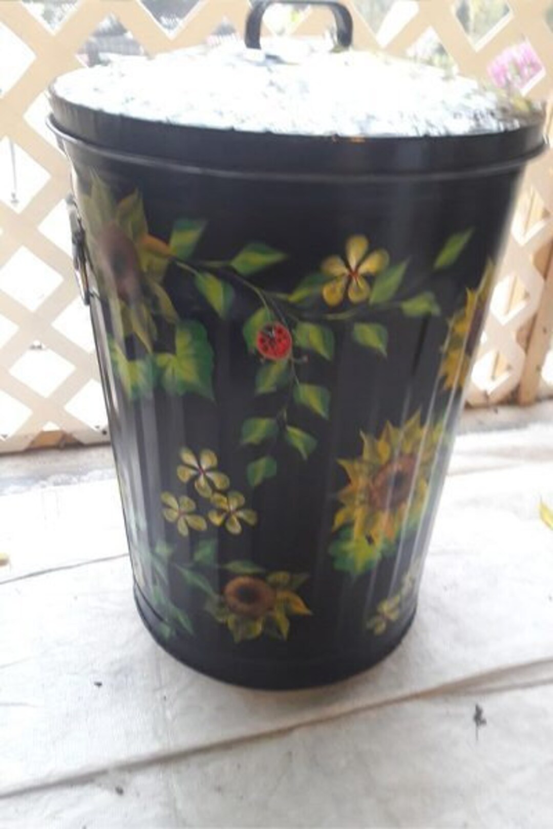 Hand Painted Trash/garbage Can 20 Gallon Pure Black Wash, Sunflowers