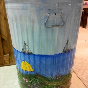 Hand Painted Trash/Garbage Can - 30 Gallon Water/Land, Flip Flops, Umbrellas, Adirondack Chairs, Ships, Polka Dot Lid Rim