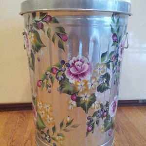 Hand Painted Trash/Garbage Can - 20 Gallon Galvanized With Roses,Filler Floral, Greenery