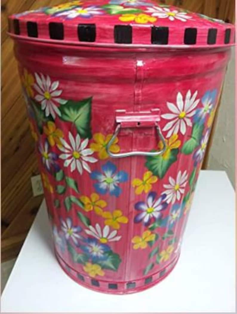 Hand Painted Trash/garbage Can - 20 Gallon Red Wash, Multi Color Floral ...