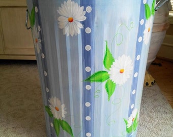 Hand Painted Trash/Garbage Can - 20 Gallon Light Blue Wash, Slate Stripes, Daisies, Greenery