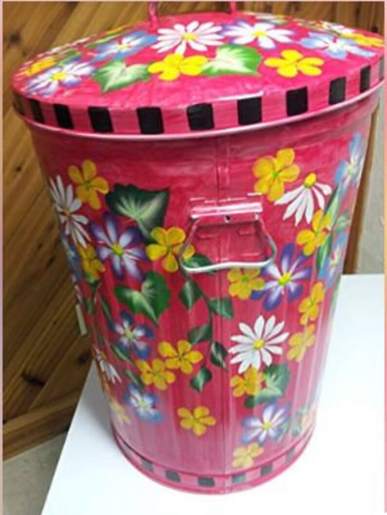 Hand Painted Trash/garbage Can - 20 Gallon Red Wash, Multi Color Floral ...