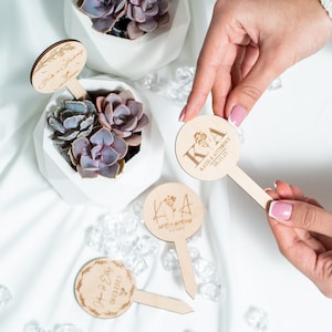 Bomboniere in legno succulente rustiche personalizzate per matrimoni, bomboniere con piante da matrimonio, etichette regalo