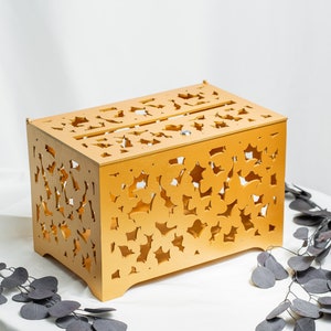 Gold Wedding Card Box With Pattern Of Butterflies, Bridal Shower Wooden Money Box, Wedding Cash Box with slot image 1