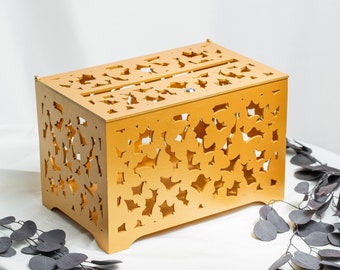 Gold Wedding Card Box With Pattern Of Butterflies, Bridal Shower Wooden Money Box, Wedding Cash Box with slot