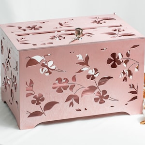 Roségouden kaartdoos voor bruiloft met slot en sleutel, grote houten bruiloftskist geld met bloemenpatroon