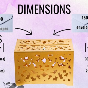 Gold Wedding Card Box With Pattern Of Butterflies, Bridal Shower Wooden Money Box, Wedding Cash Box with slot image 6