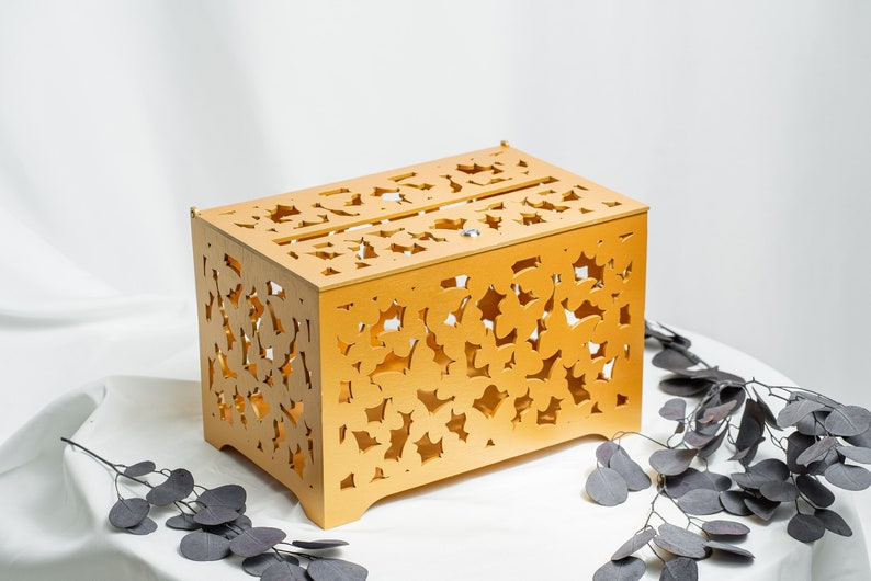 Gold Wedding Card Box With Pattern Of Butterflies, Bridal Shower Wooden Money Box, Wedding Cash Box with slot image 1