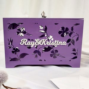 Aangepaste elegante trouwkaartdoos met namen en datum, gepersonaliseerde decoratieve houten trouwkaartdoos met slot en sleutel, cadeaukaarthouder