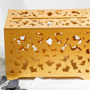 Gold Wedding Card Box With Pattern Of Butterflies, Bridal Shower Wooden Money Box, Wedding Cash Box with slot image 2
