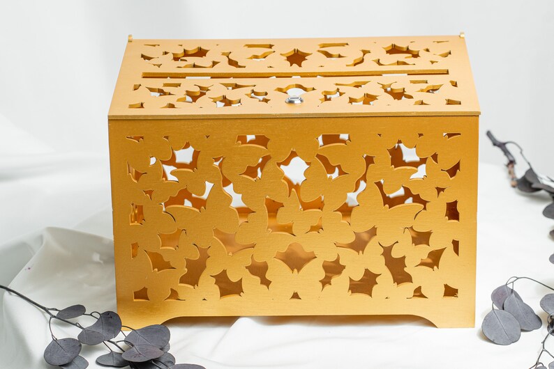 Gold Wedding Card Box With Pattern Of Butterflies, Bridal Shower Wooden Money Box, Wedding Cash Box with slot image 2