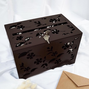 Rustikaler Hochzeitskartenkasten Braun mit Blumen-Design, Große Kartenbox aus Holz mit Schloss und Schlüssel, Geldhalter für Hochzeitskarten