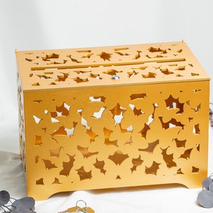 Gold Wedding Card Box With Pattern Of Butterflies, Bridal Shower Wooden Money Box, Wedding Cash Box with slot image 3